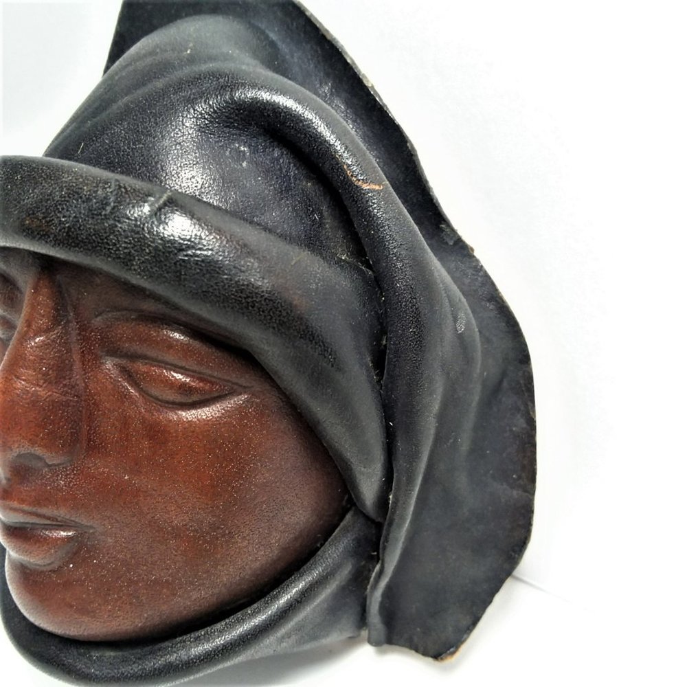 Leather Face Mask VTG Handmade Signed Wall Hanging Folk Art 3D Molded Sculpture - Picture 3 of 6